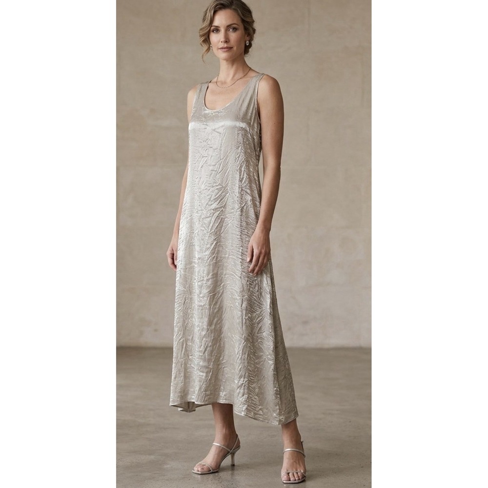 VTG Lee Andersen Maxi A-line Tank Dress Women Sz M Beige Crinkle Crushed Shimmer